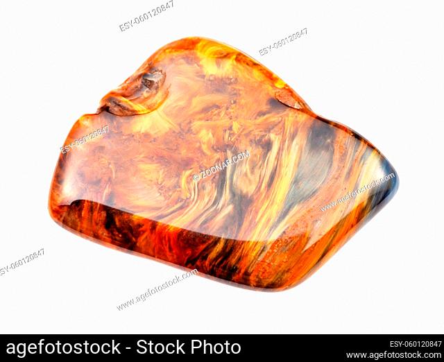 closeup of sample of natural mineral from geological collection - polished Pietersite gem stone isolated on white background