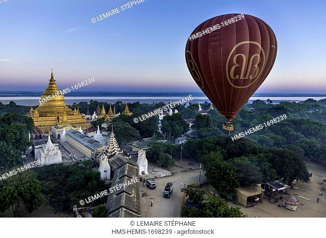 Myanmar (Burma), Mandalay Division, Bagan, overview of the old historic capital in ballonswith Balloons over Bagan, view from the air of Shwezigon pagoda...