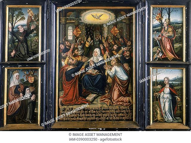 Flemish School, 16th century  Triptych  Central panel shows Holy Spirit at Pentecost  Left panel: Francis of Assisi receiving stigmata and St Elisabeth  Right...