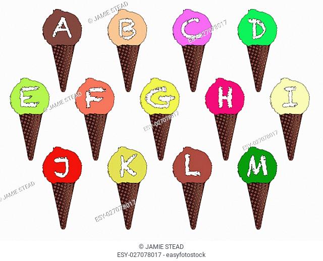 Letter ice cream cones over a white background