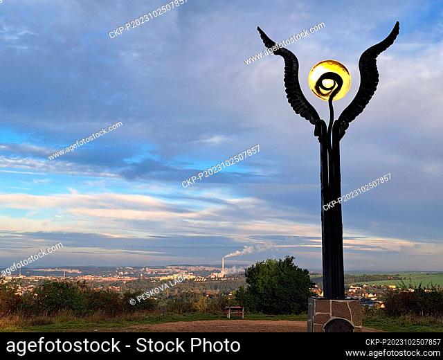 A forged sculpture of the Wings of Hope at the Koterov scenic viewpoint above Pilsen, Czech Republic, pictured on October 25, 2023