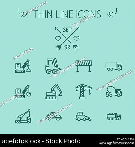 Construction thin line icon set for web and mobile. Set includes- forklift, road roller, cranes, dump truck, road barrier, delivery truck, mixer