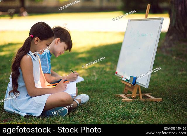 Children Studying And Making Tasks Outside On Sunny Day. Education In Nature Concept