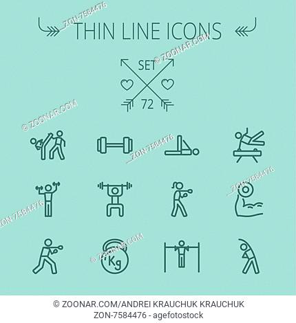 Sports thin line icon set for web and mobile. Set includes-boxing, barbel, exercise, gymnast, karate, boxing icons. Modern minimalistic flat design