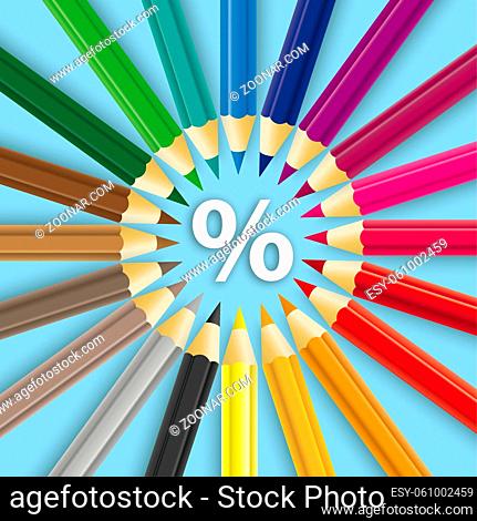 Colored pencils with white percent on the blue background. Eps 10 vector file