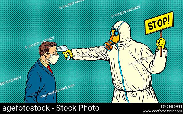 Temperature measurement Stop doctor quarantine. Novel Wuhan coronavirus 2019-nCoV epidemic outbreak. Pop art retro vector illustration 50s 60s style
