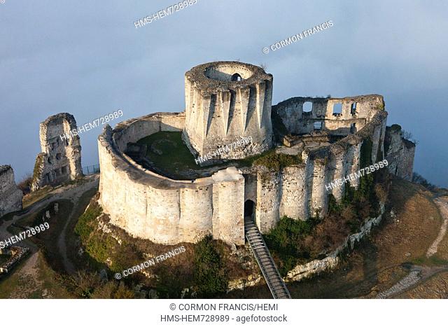 France, Eure, Les Andelys, Chateau Gaillard, 12th century fortress built by Richard Coeur de Lion aerial view
