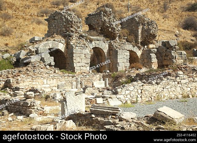 View of the ruins of Baths Of The State Agora at the Roman ruins of Ephesus, Efes, Selcuk, Kusadasi, Turkey, Europe