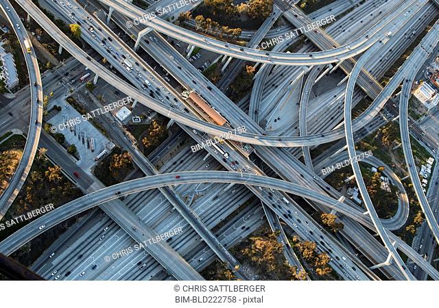 Aerial view of highway interchange in cityscape