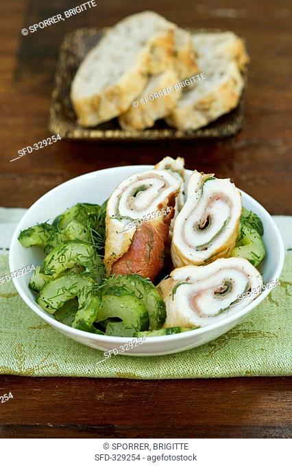 Turkey roll stuffed with Parma ham & sage, braised cucumber