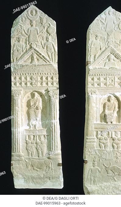 Votive stele with reliefs containing elements of Berber, Punic (Tanit) and Greek-Roman culture (Dionysus, Aphrodite, Zeus and Hermes)