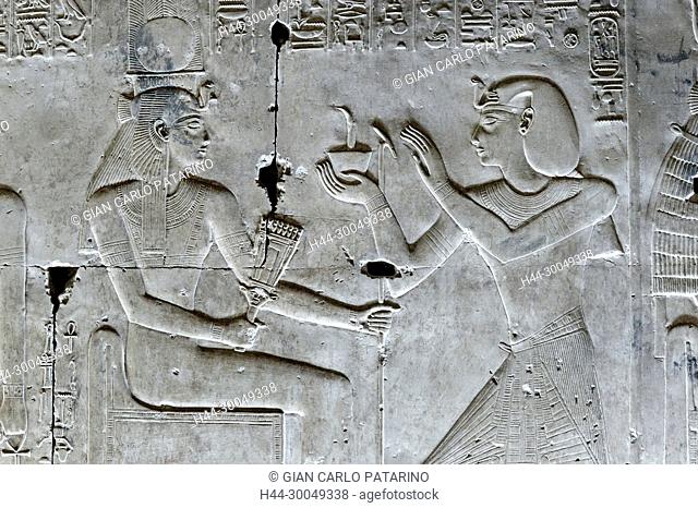 Abydos, Egypt, the mortuary temple of pharaoh Seti I, Menmaatra, (XIX° dyn. 1321-1186 B.C.) - the king incense the goddess Mut