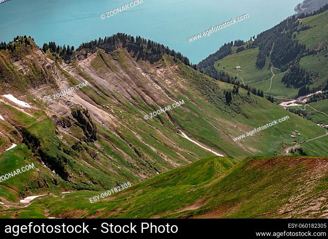 Aerial Panoramic View - Train from Rothorn to Brienz - Brienz-Rothorn bahn is a cogwheel narrow gauge railway with beautiful mountain and Brinzersee lake views...