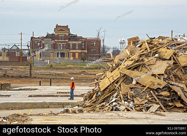 Mayfield, Kentucky - Damage from the December 2021 tornado that devasted towns in western Kentucky. The clock tower atop the Graves County Courthouse was blown...