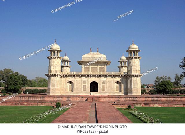 Itimad-ud-Daula tomb mausoleum of white marble built between 1600 and 1700 by Mughal emperor , Agra , Uttar Pradesh , India