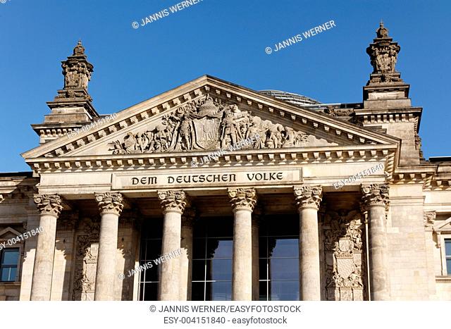 Facade of the Deutcher Bundestag, the German federal parliament, in Berlin, Germany