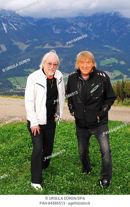 Singers Karl-Heinz (l) and Bernd Ulrich from the German music group ""Die Amigos"" pictured during a walk in the mountains before their performance at the...