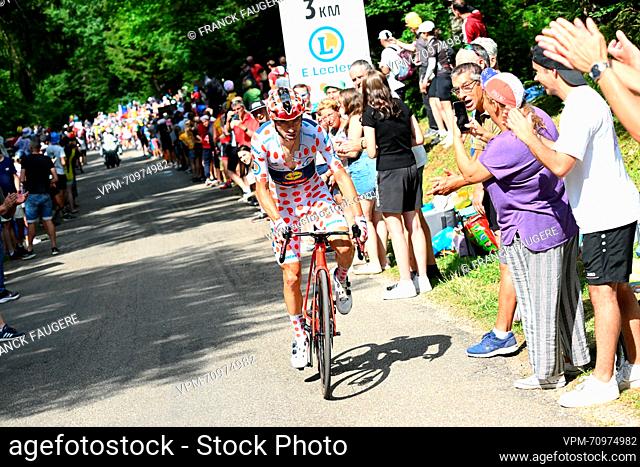 Italian Giulio Ciccone of Lidl-Trek wearing the red polka-dot jersey pictured in action during stage 20 of the Tour de France cycling race from Belfort to Le...
