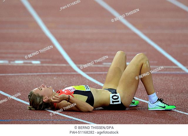 Carolin Schaefer of Germany reacts after the women's 800m race of the heptathlon competition during the European Athletics Championships 2014 at the Letzigrund...