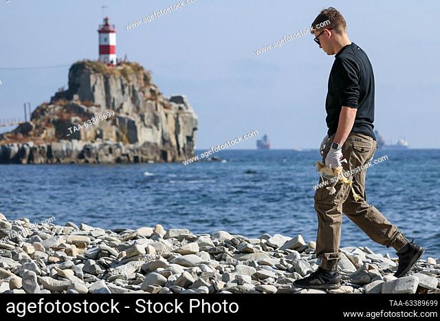 RUSSIA, VLADIVOSTOK - OCTOBER 15, 2023: A volunteer takes part in a clean-up event to collect marine debris by a lighthouse on the Basargin Cape in the Eastern...