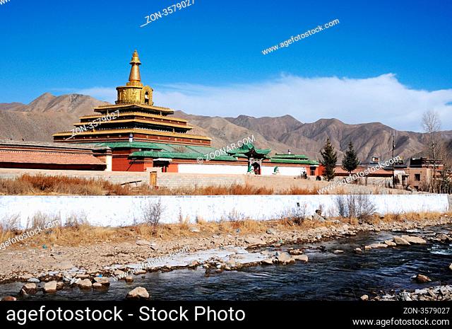 Landmark of a famous historic golden Tibetan lamasery in Gansu, China