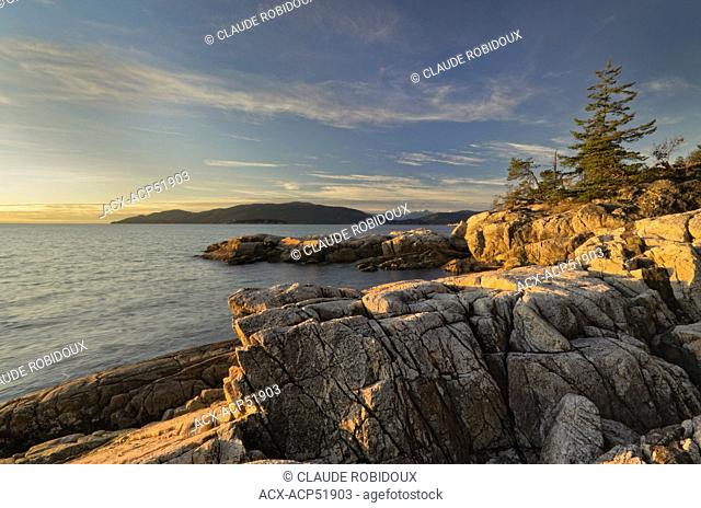 Sun hitting the rock formations on the shore of Lighthouse Park in West Vancouver, British Columbia, Canada