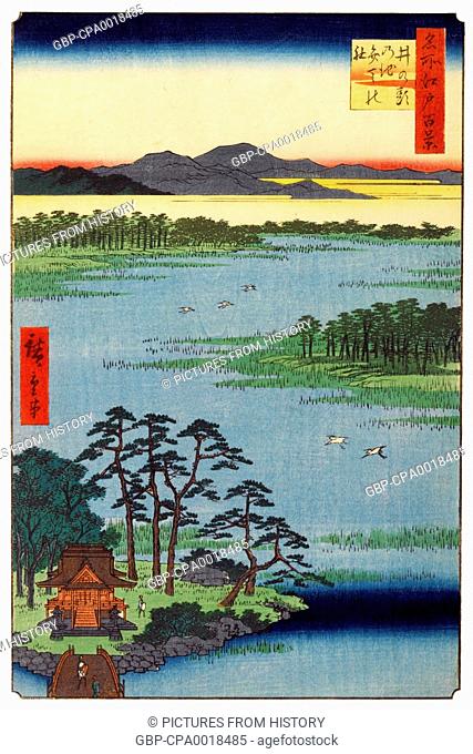 Japan: Autumn: Benten Shrine at the Inokashira Pond (?????????). Image 87 of '100 Famous Views of Edo'. Utagawa Hiroshige (first published 1856–59)