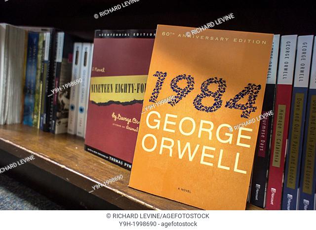 Copies of Geroge Orwell's book ''1984'' are seen on the shelves of a bookstore in New York. Sales of the George Orwell novel of a totalitarian future