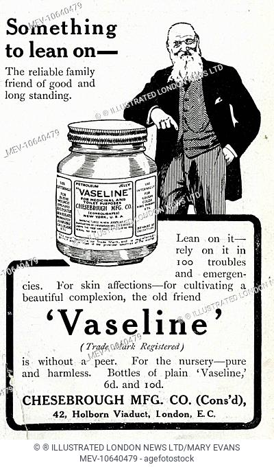 Advertisement for Vaseline petroleum jelly, from Chesebrough Manufacturing Co, Holborn Viaduct, London. Rely on it in 100 troubles and emergencies