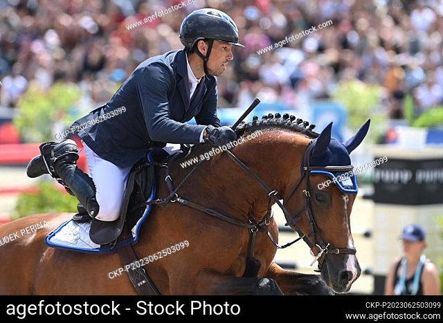 Greek Angelos Touloupis with horse Lord Mexx competes during the Banka CREDITAS Grand Prix Olomouc 2023 in Olomouc, Czech Republic, June 25, 2023