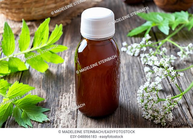 A bottle of herbal tincture with fresh blooming valerian plant