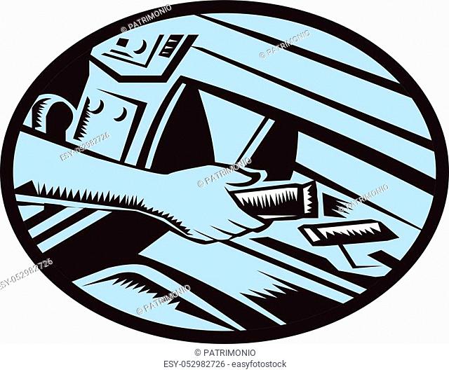 Illustration showing hand reaching in the glove box for an energy bar set inside oval shape done in retro woodcut style