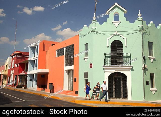 People in front of the colonial buildings at the historic center, Merida, Riviera Maya, Yucatan State, Mexico, Central America