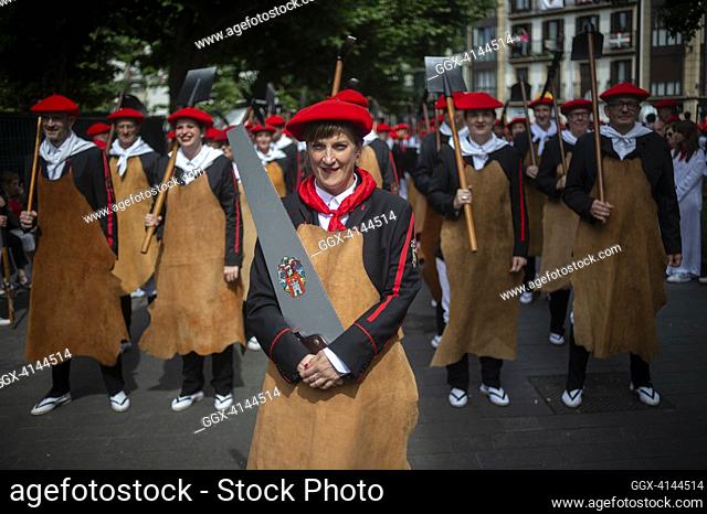 Membres of the traditional 'Alarde de San Marcial' arm parade. Irun (Spain). June 30, 2023. The alarde is a parade that commemorates a military victory against...