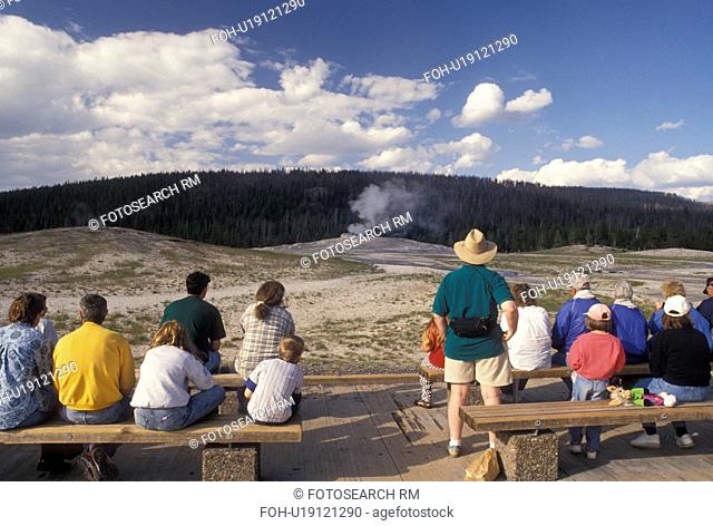 Yellowstone National Park, WY, Old Faithful, geyser, Wyoming, People watching Old Faithful erupt in Yellowstone Nat'l Park in Wyoming