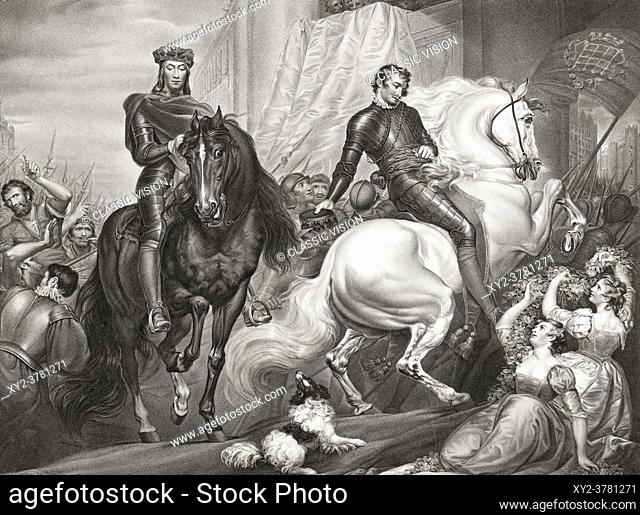 Illustration for William Shakespeareâ. . s play Richard II, Act V, Scene II. From an 18th century engraving by Robert Thew after a work by James Northcote