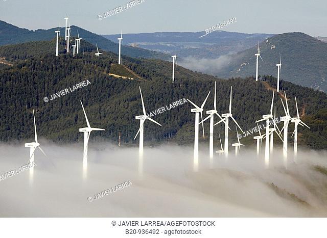 Wind power, Sierra de El Perdon windfarm near Pamplona, Navarre, Spain