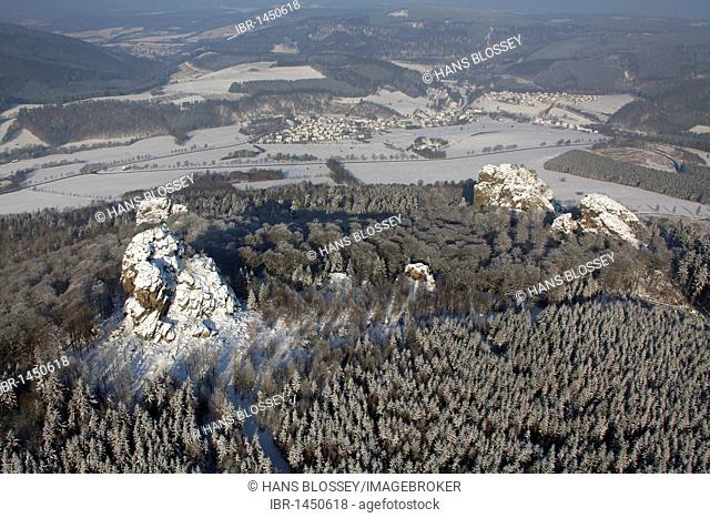 Aerial photo, Bruchhauser Steine, four large porphyry rocks located on a mountain, snow, winter, Olsberg, Sauerland, North Rhine-Westphalia, Germany, Europe