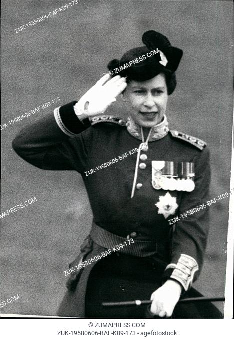 Jun. 06, 1958 - Trooping the Colour Ceremony. H.M. The Queen today took the salute on Horse Comands Parade, during the Trooping the Colour ceremony - held to...