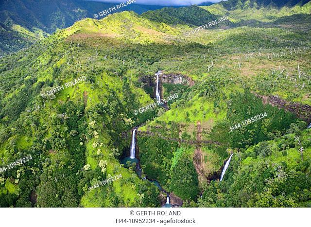 Kahili Falls, Kahili, USA, United States, America, Hawaii, Kauai, inland, waterfalls, rain forest, aerial, view