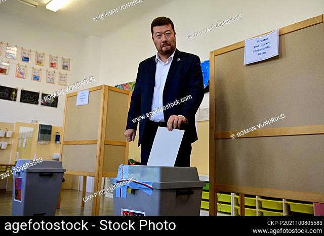 Tomio Okamura, Chairman of the Czech political party Freedom and Direct Democracy (SPD), votes during elections to the Chamber of Deputies of the Parliament of...