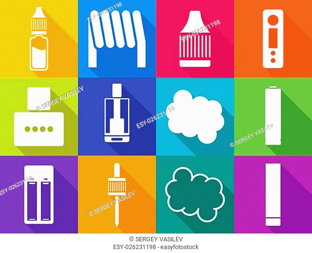 12 vaping stuff one color icons with long shadows set