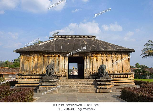 Veera Narayana Temple, Belavadi, Chikkamagaluru district, Karnataka, India. This ornate trikuta (three shrined) temple was built in 1200 C. E