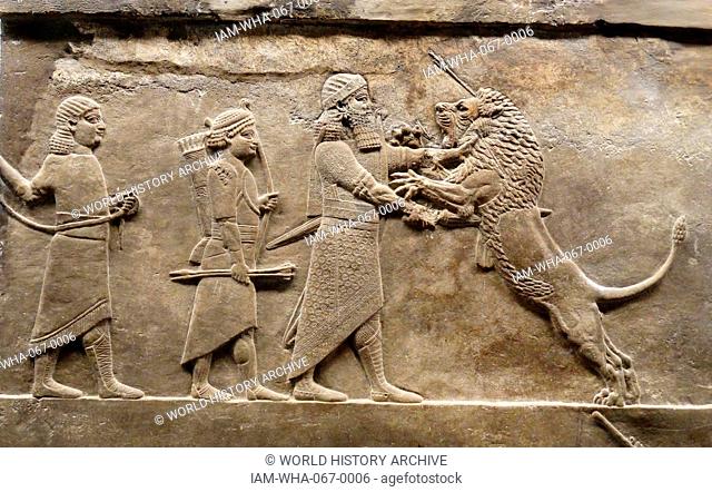 return from the lion hunt. Panel from the North Palace at Nineveh, Iraq. Assyrian 645-636 BC