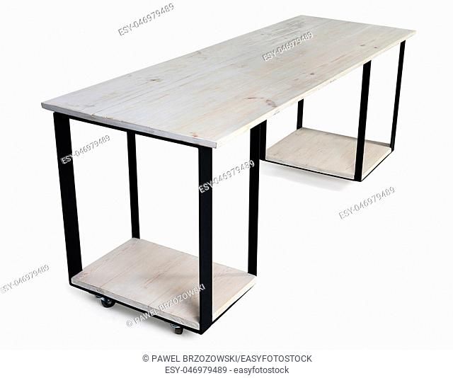 Modern Workspace Table Made of Wood and Metal Isolated on White Background