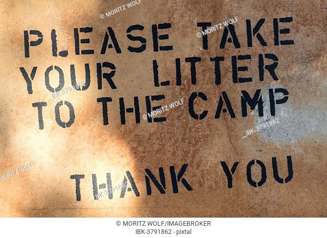 Sign Please take your litter to the camp in the parking lot at the dunes, Sossusvlei, Namib-Skeleton Coast National Park, Namibia
