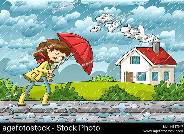 Woman walks trough the rain