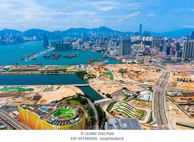 Kai Tak, Hong Kong 12 May 2019: Aerial view of Hong Kong construction site