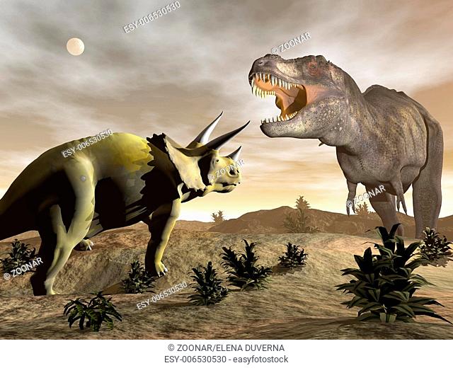 Tyrannosaurus roaring at triceratops - 3D render