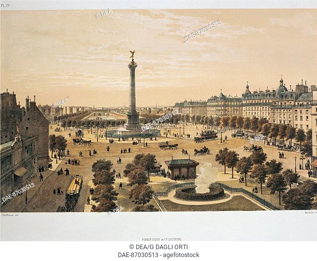France, XIX century. Place de la Bastille in Paris in 1878. Lithograph.  Paris, Bibliothèque Des Arts Decoratifs (Library)